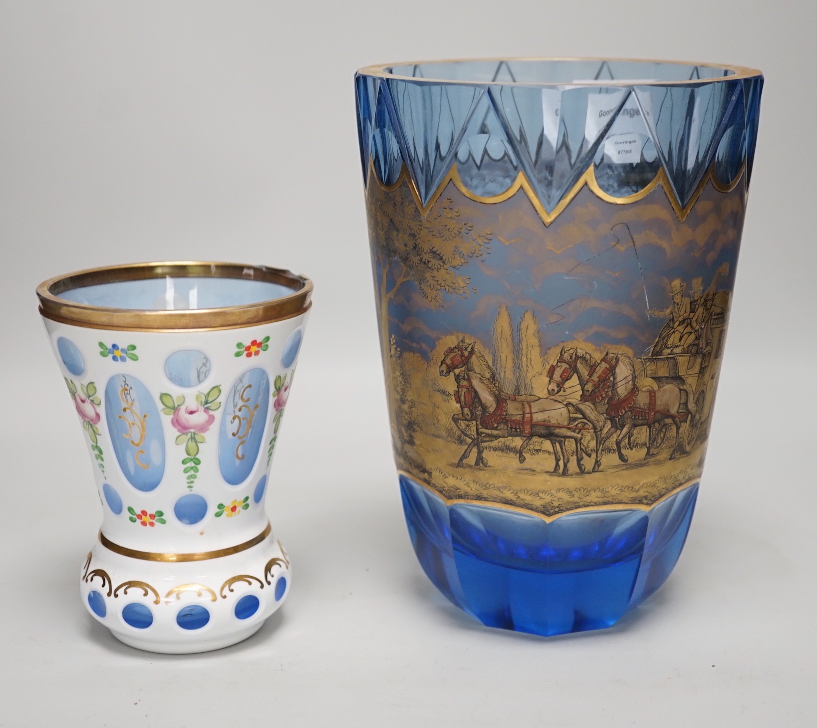 Two Bohemian glass vases, The largest blue glass vase in a mood with a horse and carriage scene, possibly Moser, tallest 21cm